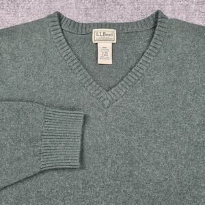 LL Bean Sweater Mens XL Green Cotton Cashmere V Neck Knit Pullover Classic